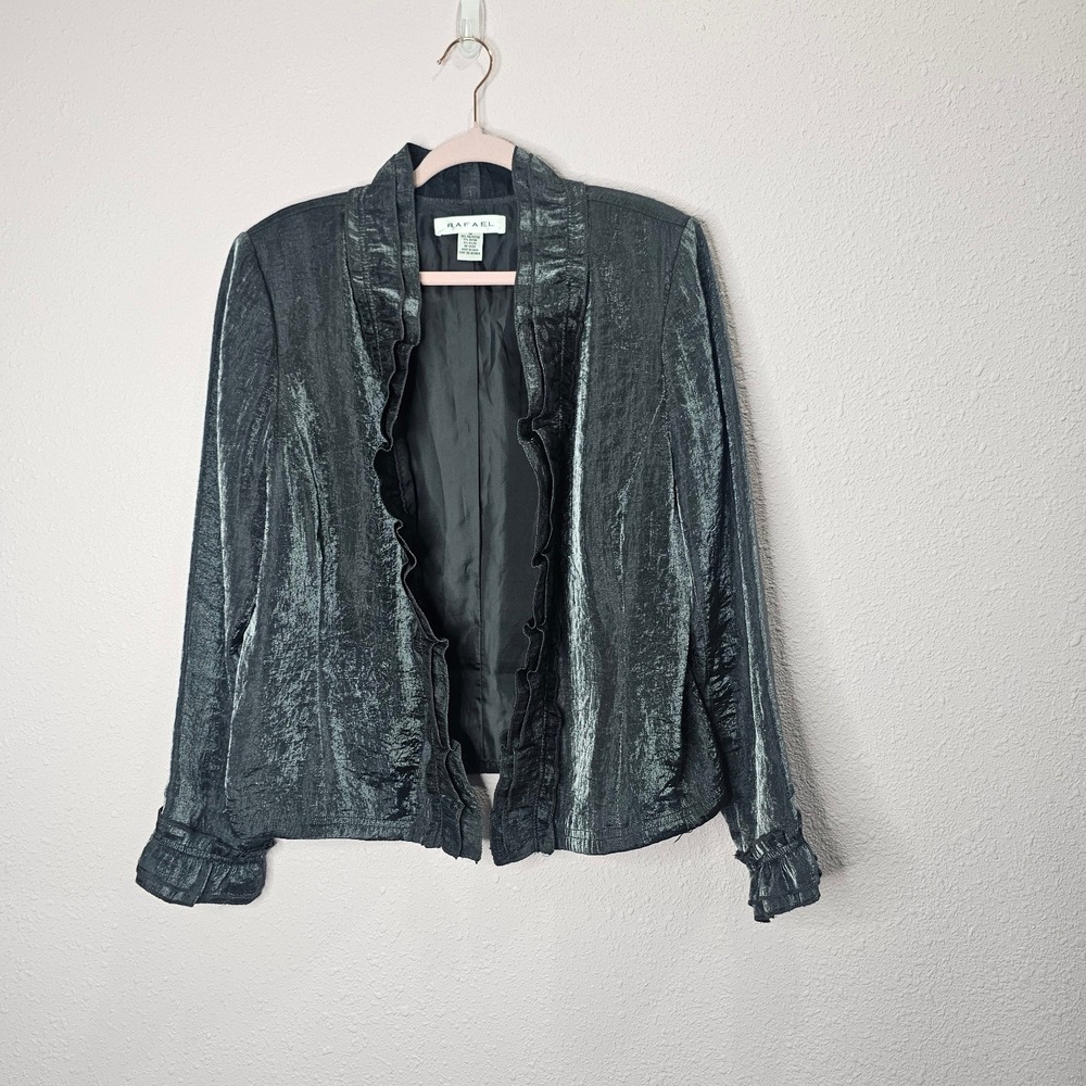 Rafael Blazer Jacket Size 14 Career‎ Party Open Front Silver Gray Ruffle Trim